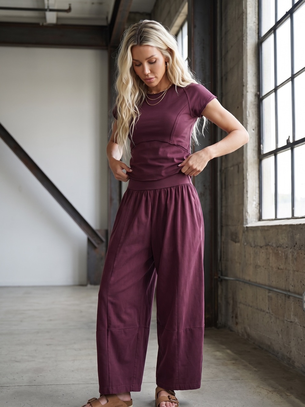NWT Eesome Crop Top & Barrel Pants 2 Piece Set Wine